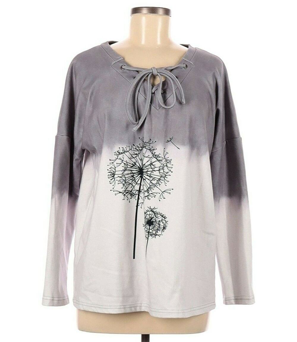 Sheilay Womens Sweatshirt Medium Long Sleeve Soft Comfy Gray White Dandelion